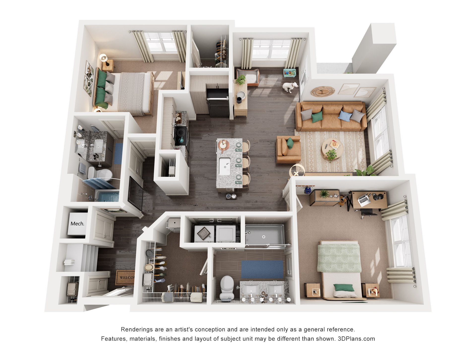 Floor plan for 2 beds, 2 baths, 1172 sqft